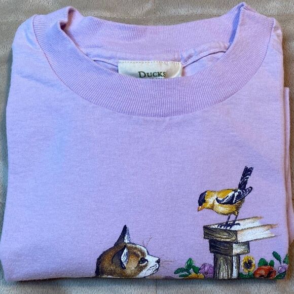 90s Ducks Unlimited Cat Bird Garden Tee M Ferragamo Graphic Lavender Cotton - Picture 10 of 10